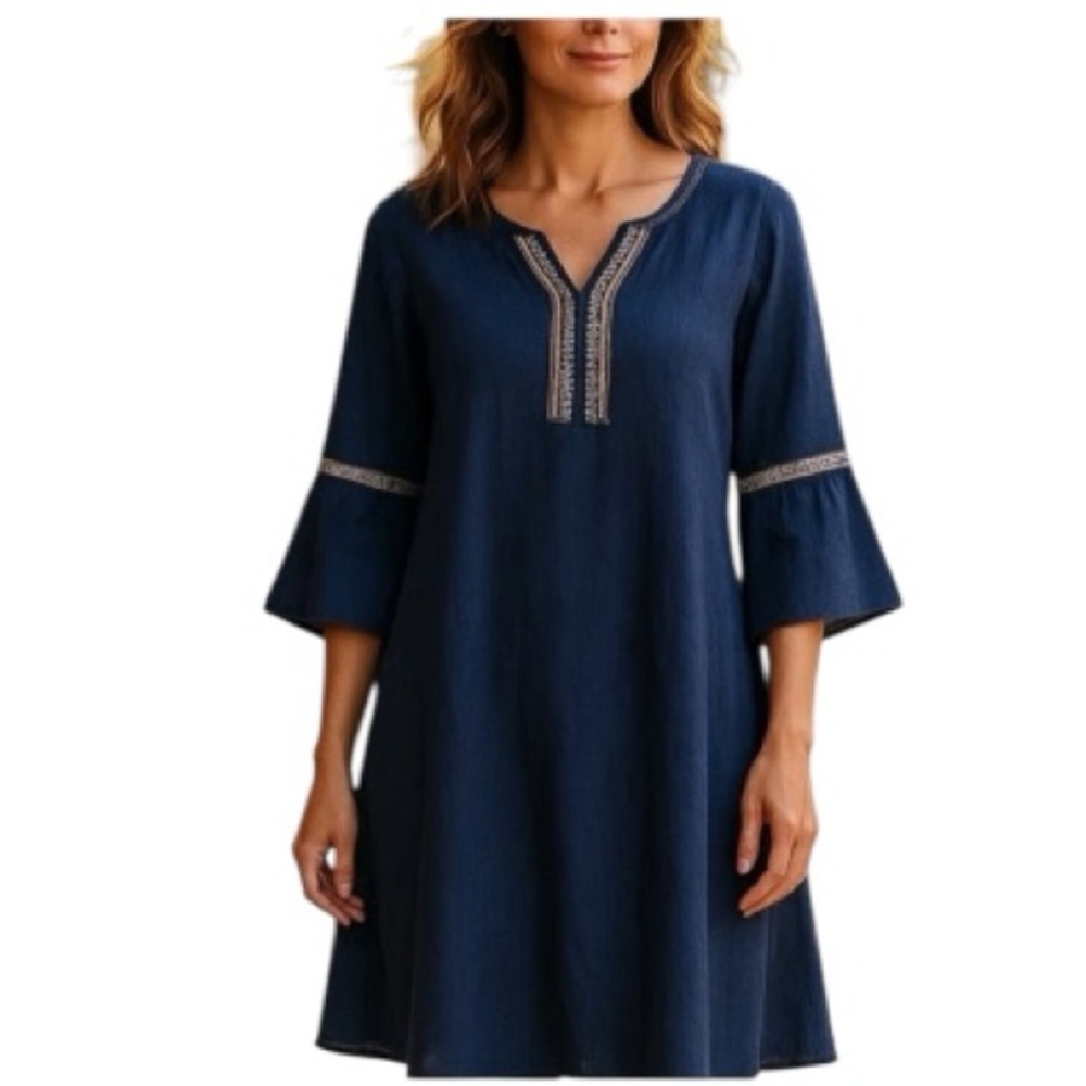Naif Chambray Embroidery Blue Midi Dress Bell Sleeves Classic Style Size Small